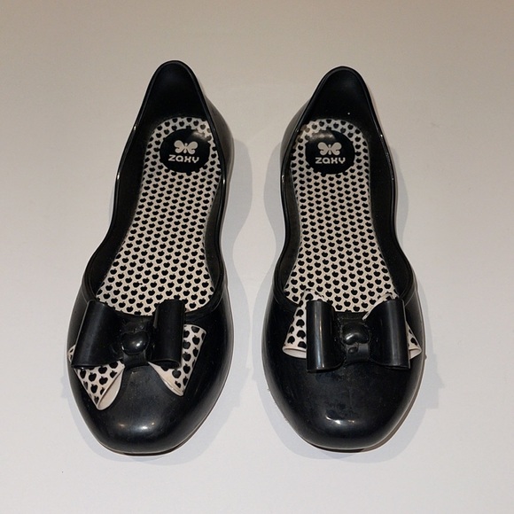 Zaxy Black Jelly Flats with Cream Bows - Girl’s Size 3 - Picture 3 of 8